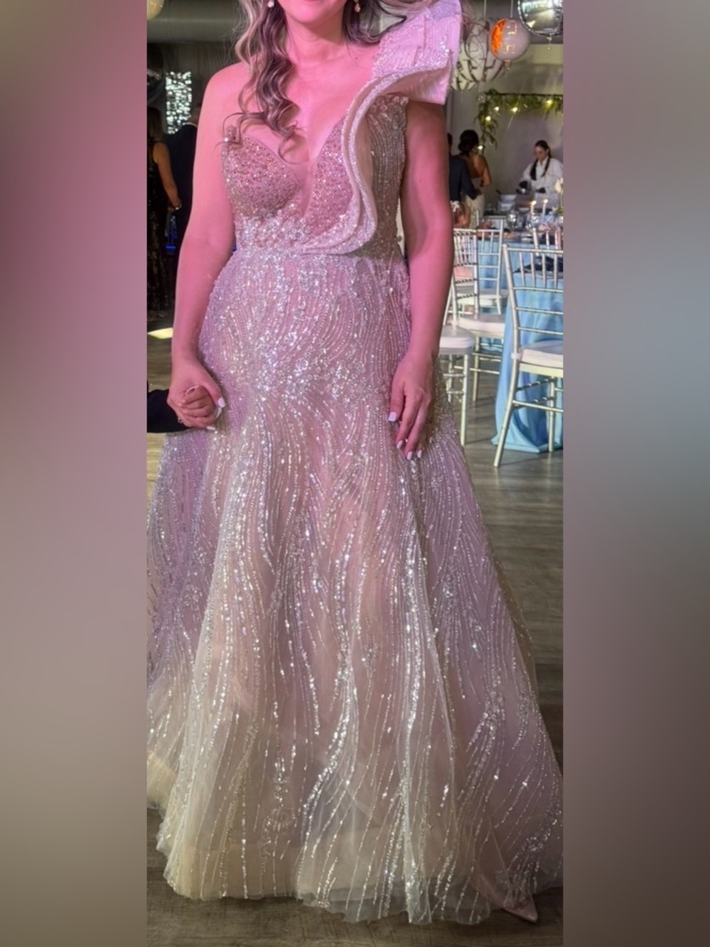 Elegant One-Shoulder Sequin Evening Gown in Champagne. Shankara Collection.